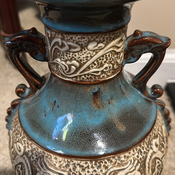 Art Pottery Asian Inspired Drip Glaze Ceramic Handled Vase with Dragon Motif - Picture 3 of 13